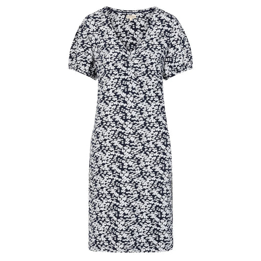 Front view of a Mudd and Water womens Florina floral Navy dress with short sleeves and V-neckline
