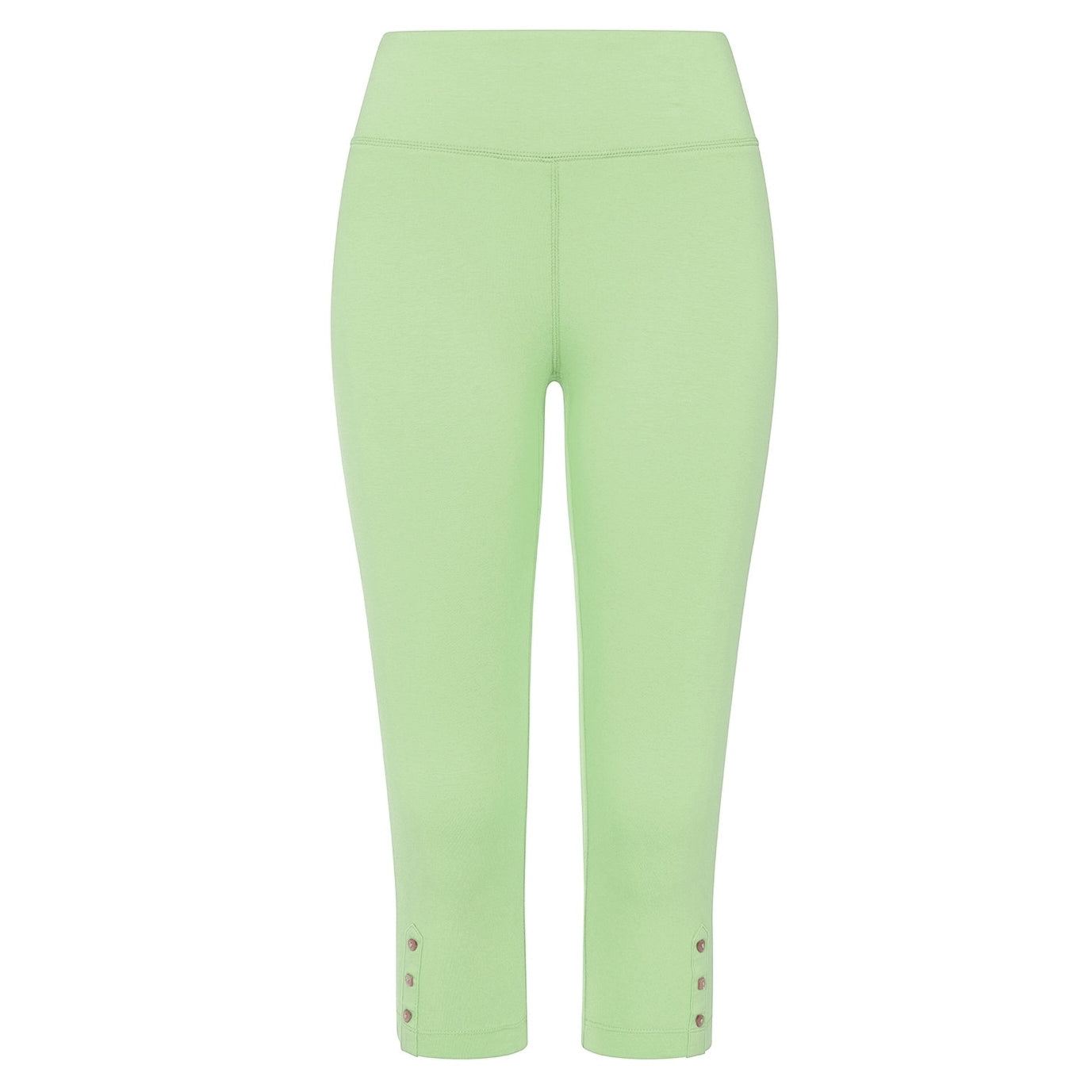 Front view of womens Mudd & Water Island leggings in light Opaline green with button details on a white background