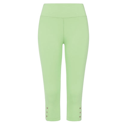 Front view of womens Mudd & Water Island leggings in light Opaline green with button details on a white background