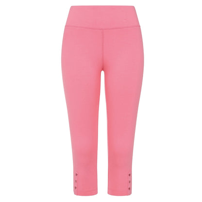 Front view of Mudd & Water womens Island crop leggings in Pink with button details at the ankles on a white background
