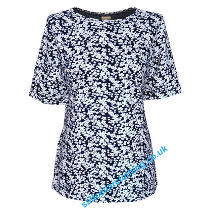 Front view of a womens Mudd & Water short sleeve Kendal top in navy with a white floral pattern on a white background