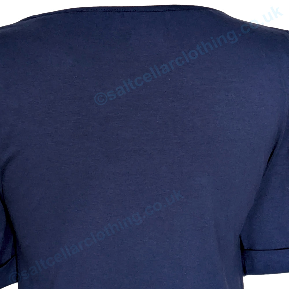 Close up of the back of the neck of a plain navy womens Mudd & Water Kendal top