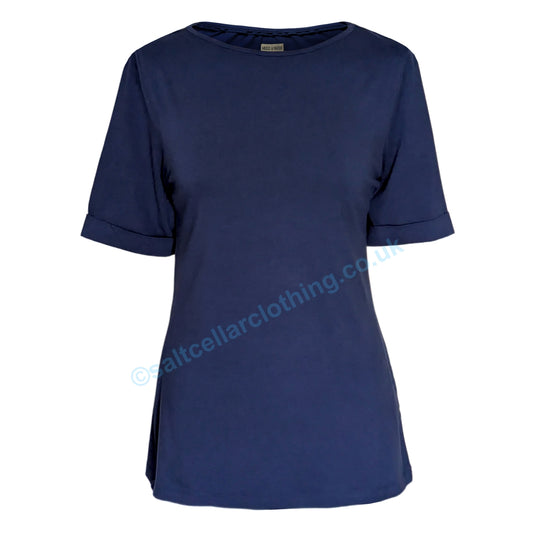 Front view of a Mudd & Water womens Kendal short sleeve top in plain navy on a white background