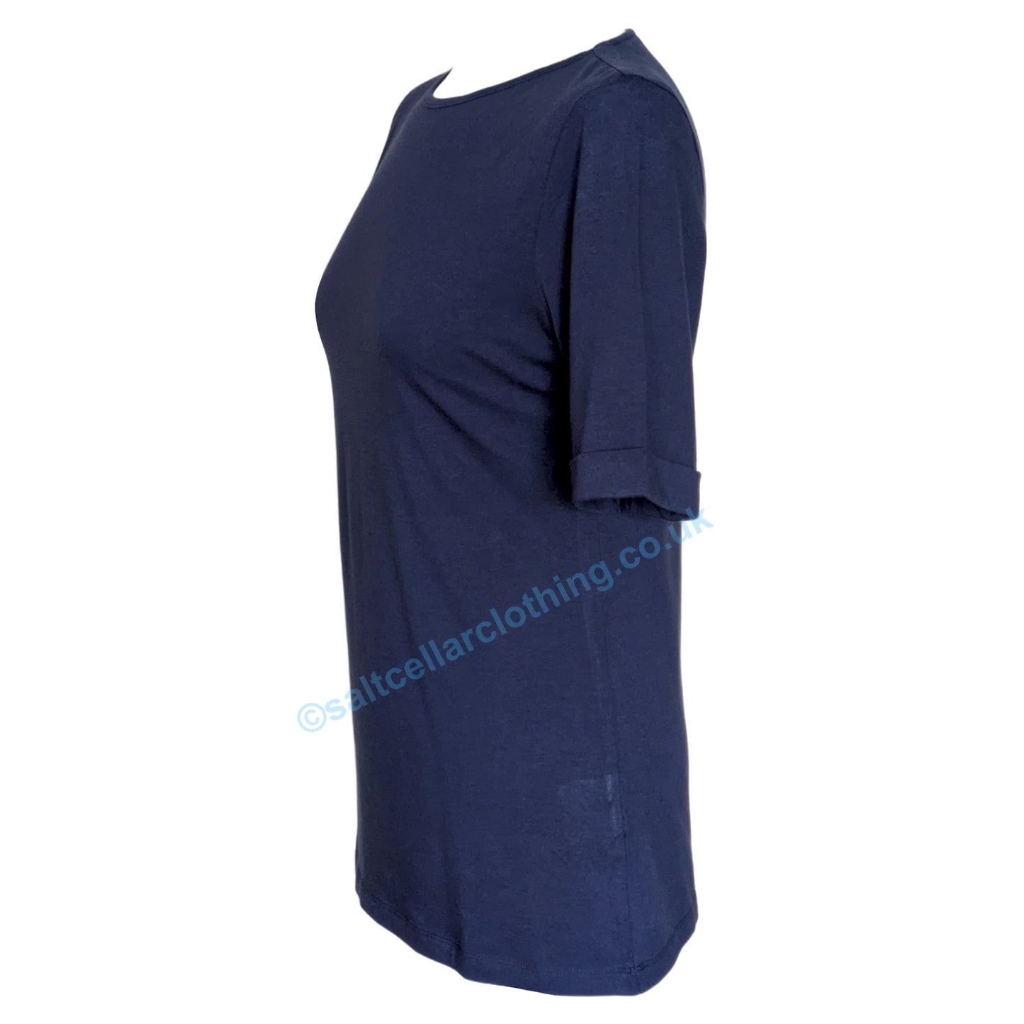 Side view of a womens short sleeve Mudd & Water plain navy Kendal top on a white background.