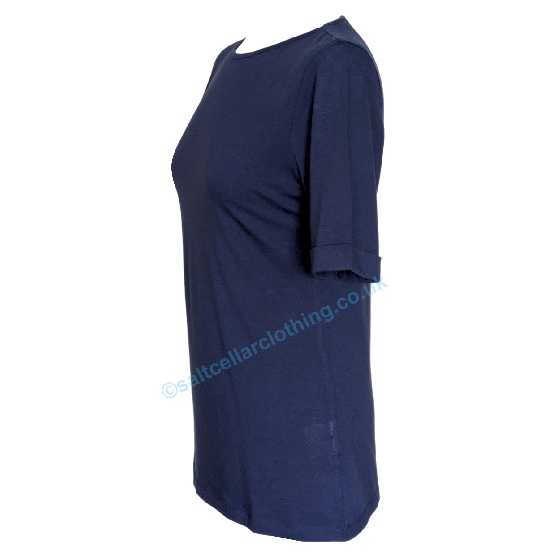 Side view of a womens short sleeve Mudd & Water plain navy Kendal top on a white background.