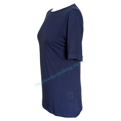 Side view of a womens short sleeve Mudd & Water plain navy Kendal top on a white background.