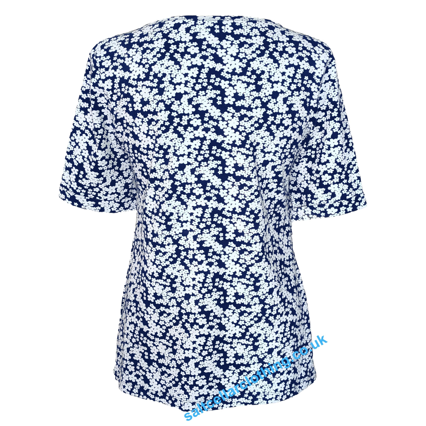 Baack view of a womens short sleeve Mudd & Water Kendal top in navy with a white flower print, on a white background