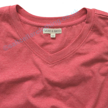 Close-up on the v-shape neckline of a womens Mudd and Water Meander Vest in coral marl.