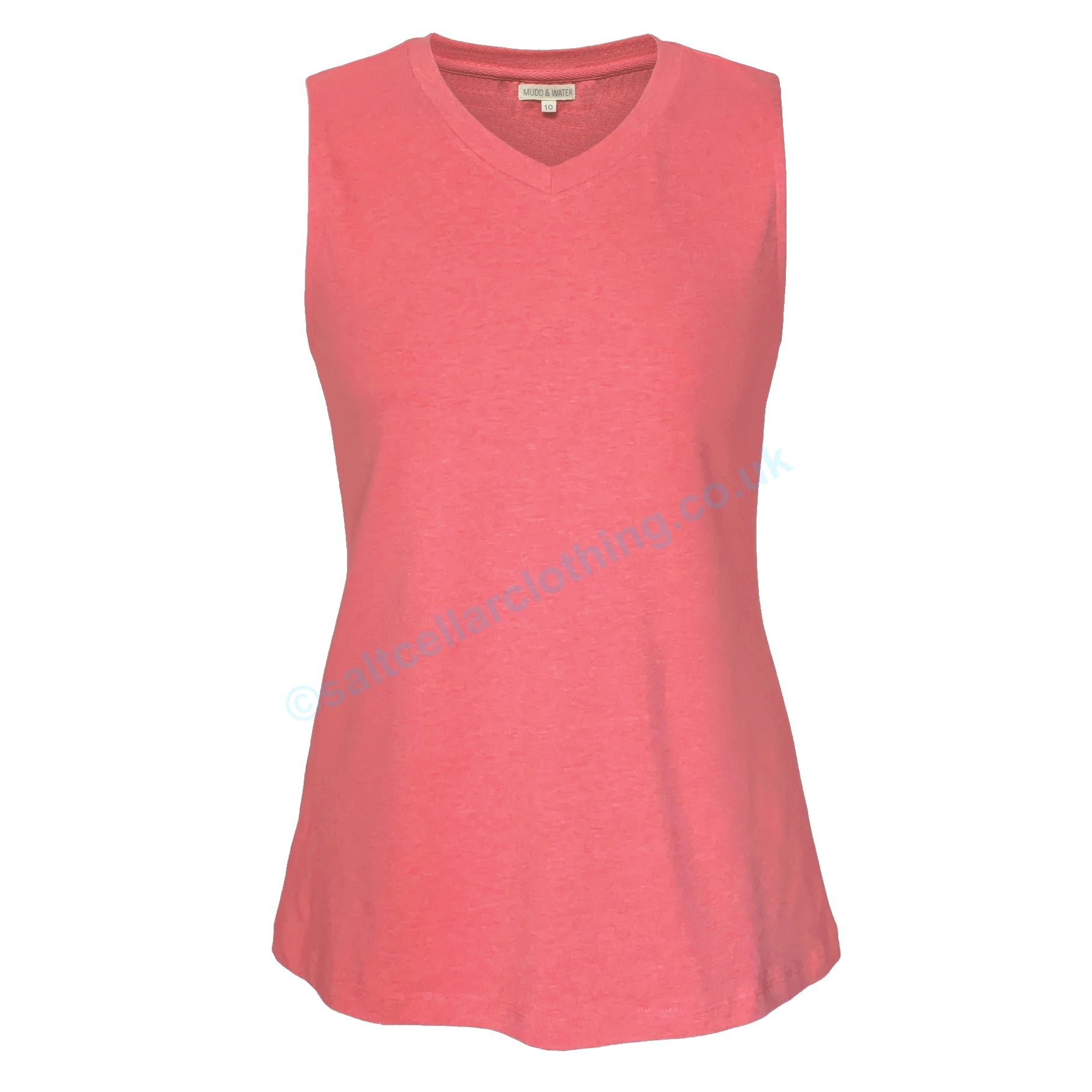 Front view of a womens Mudd & Water Meander sleeveless vest in Coral Marl with a v-neckline on a white background