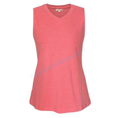 Front view of a womens Mudd & Water Meander sleeveless vest in Coral Marl with a v-neckline on a white background
