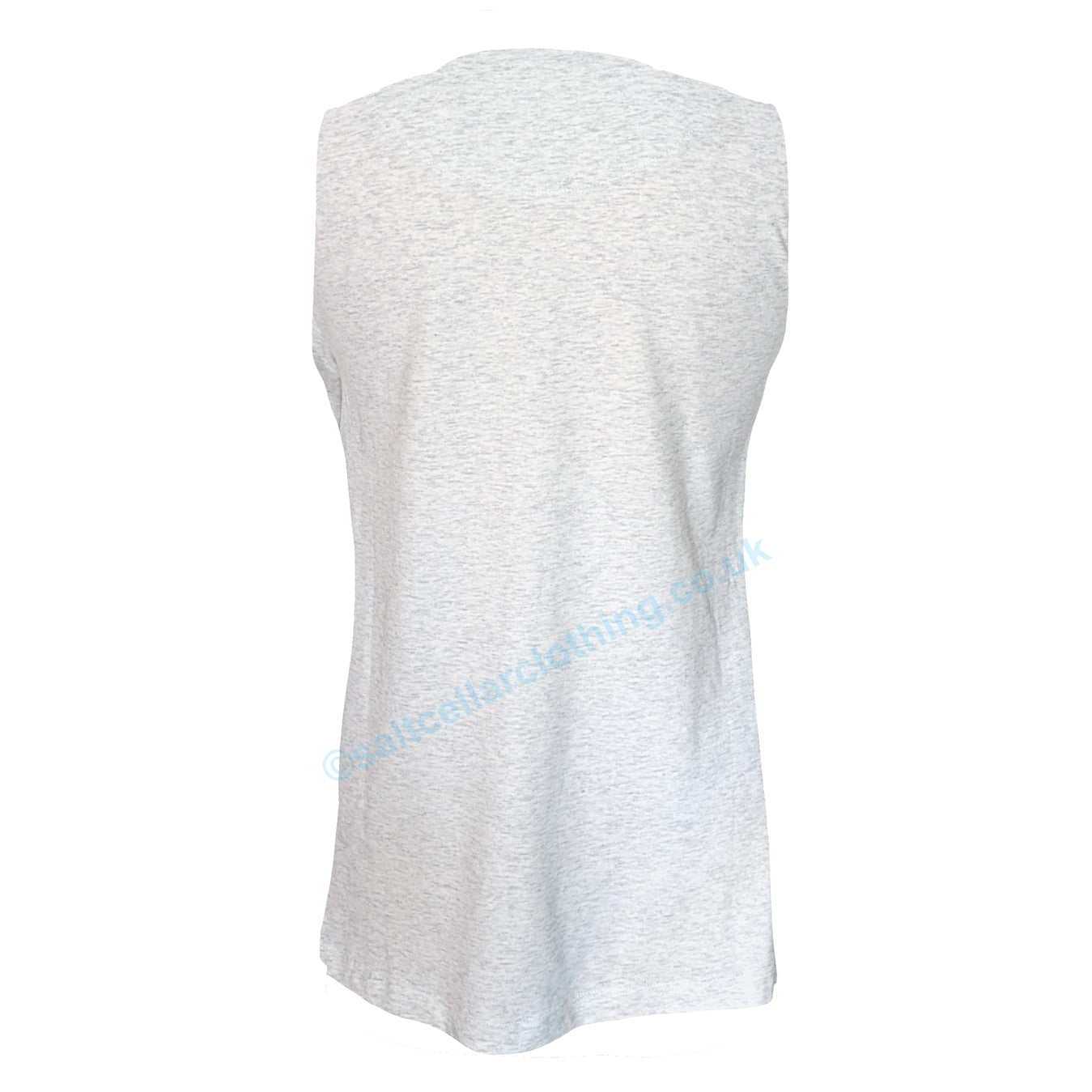 Back view of a womens Mudd and Water sleeveless Meander vest with a v-neckline in a white marl fabric on a white background
