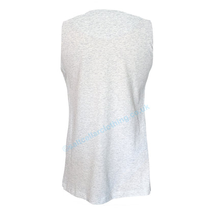 Back view of a womens Mudd and Water sleeveless Meander vest with a v-neckline in a white marl fabric on a white background