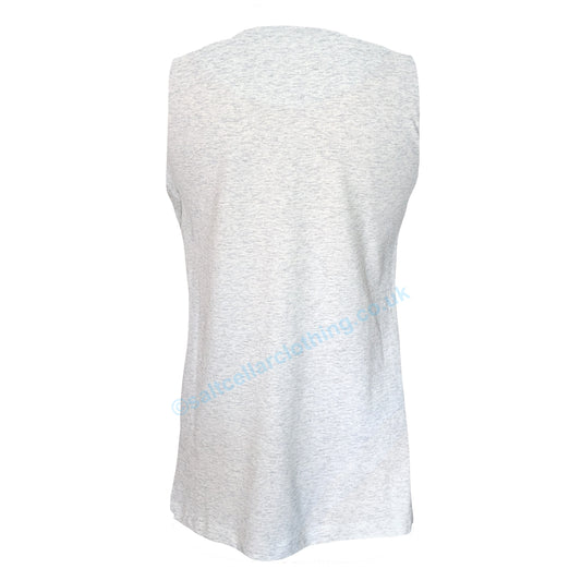 Back view of a womens Mudd and Water sleeveless Meander vest with a v-neckline in a white marl fabric on a white background