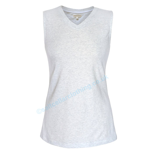 Front view of a womens Mudd & Water sleeveless Meander Vest in a white marl fabric with a v-shape neckline on a white background.