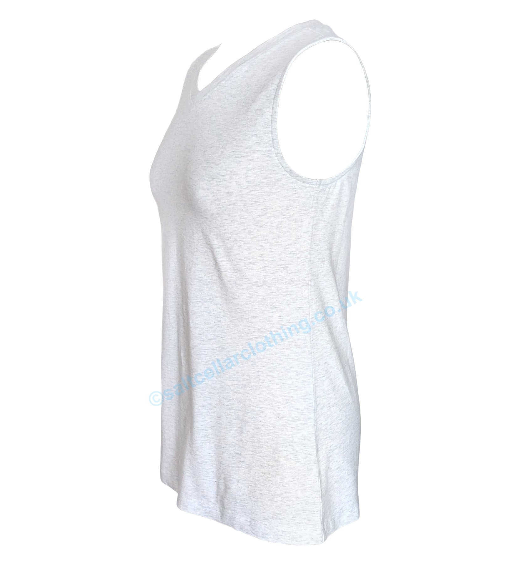 Side view of a womens Mudd & Water Meander sleeveless vest in a white marl fabric with a v-neckline on a white background