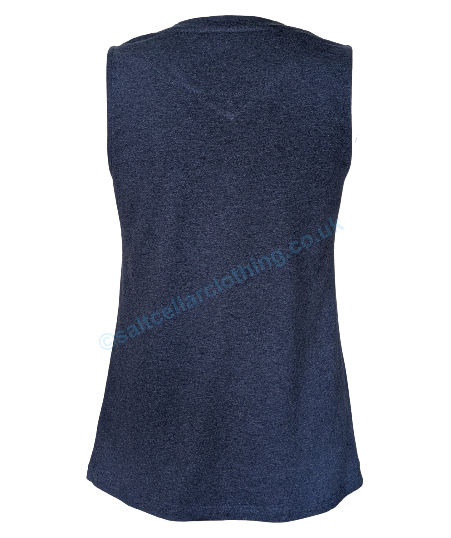 Back view of a womens Mudd and Water Meander vest in Navy Marl on a white background.