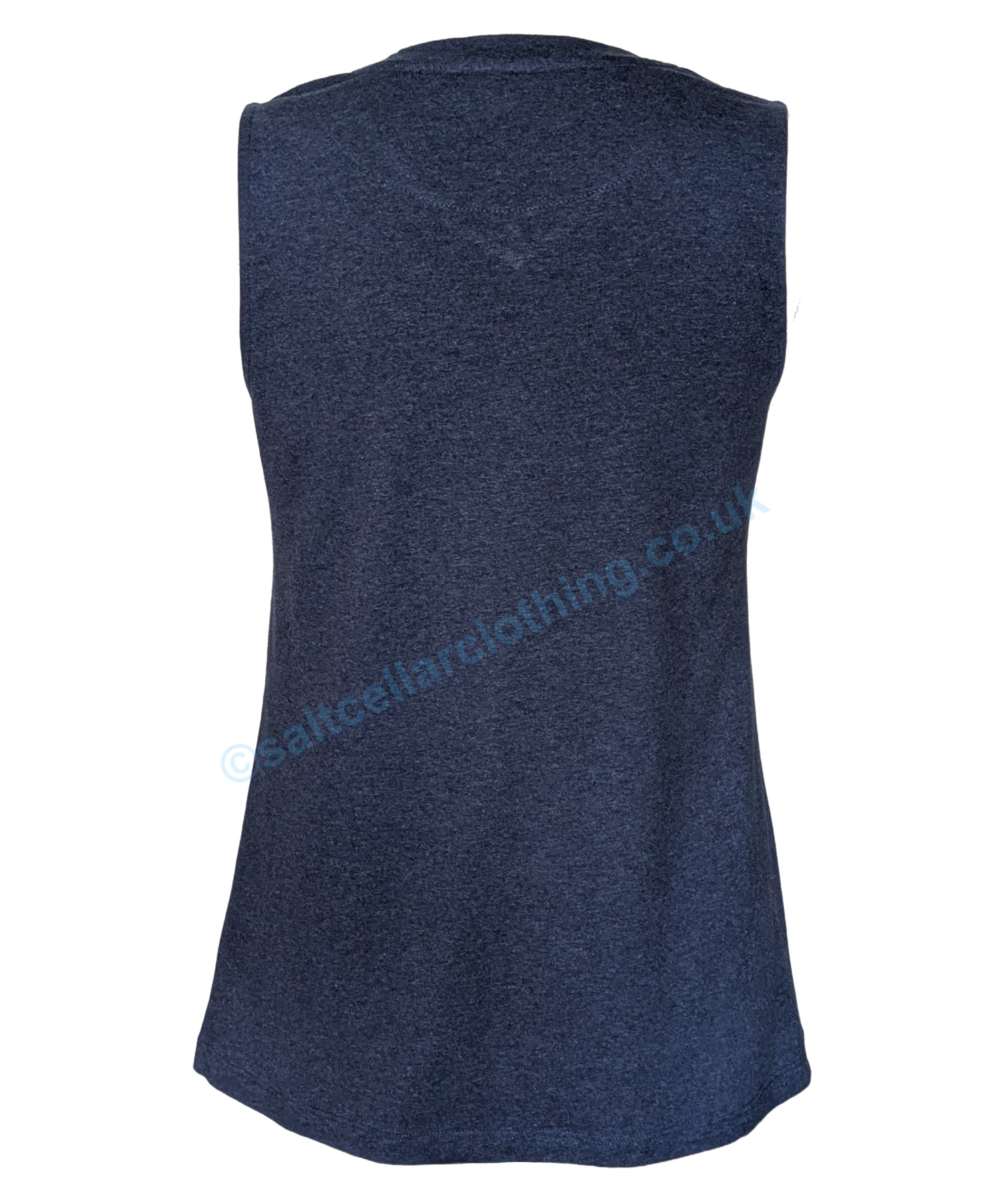 Back view of a womens Mudd and Water Meander vest in Navy Marl on a white background.