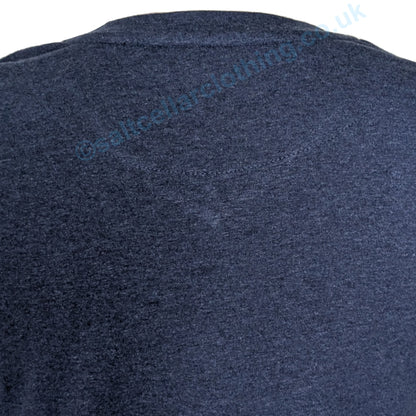 Closeup view of the navy marl fabric of a Muddd & Water Meander vest on a white background