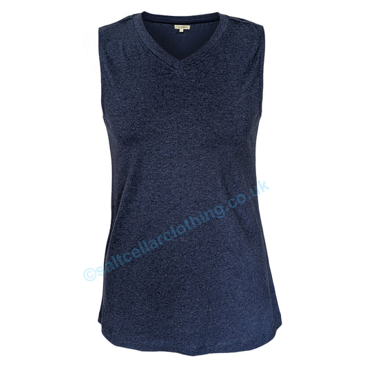 Front view of a womens Mudd & Water v-neck Meander vest in Navy Marl on a white background