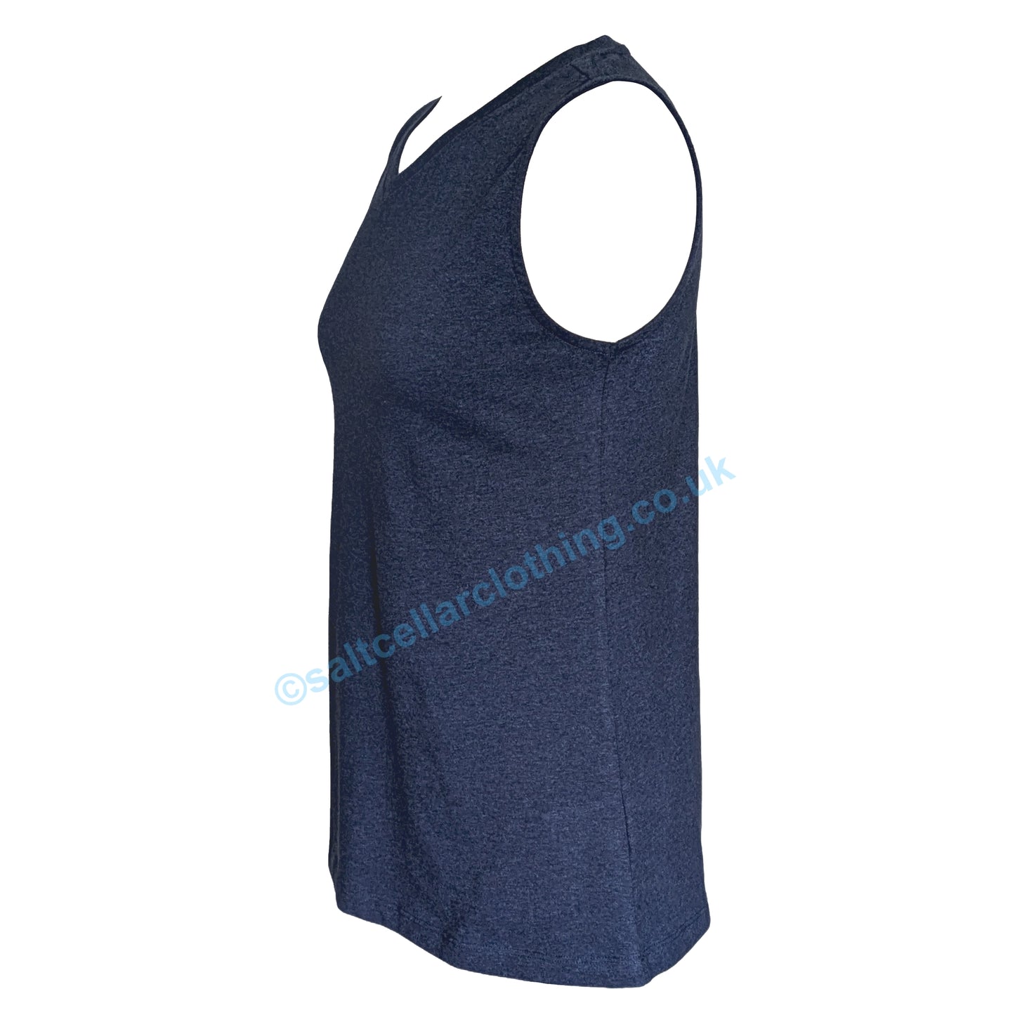 Side view of a Navy Marl womens Mudd & Water v-neck Meander vest on a white background