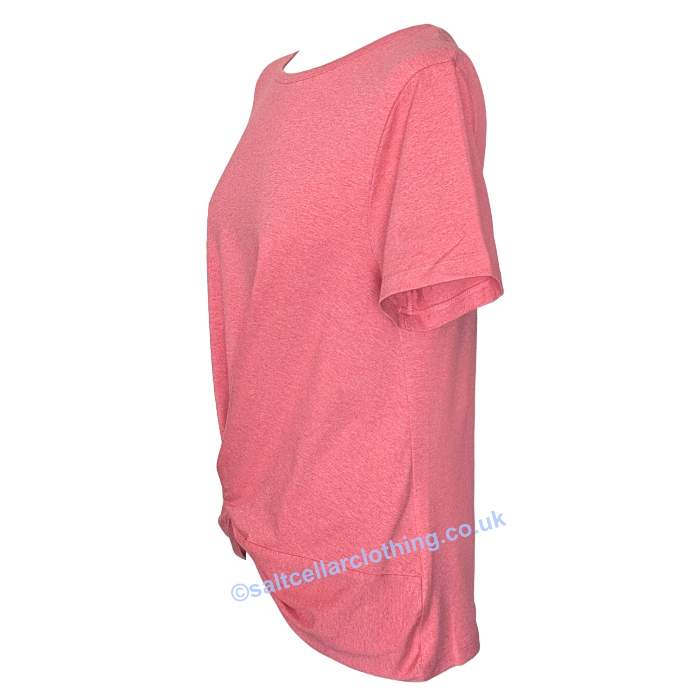 Side view of a womens Mudd & Water short sleeve Petal tee in Coral Marl with twisted front design on a white background