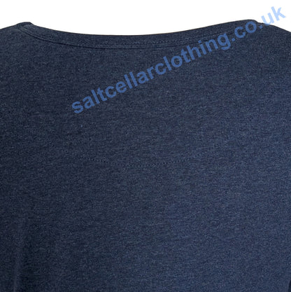 Close up of navy marl fabric of a Mudd & Water womens Petal Tee on a white background.