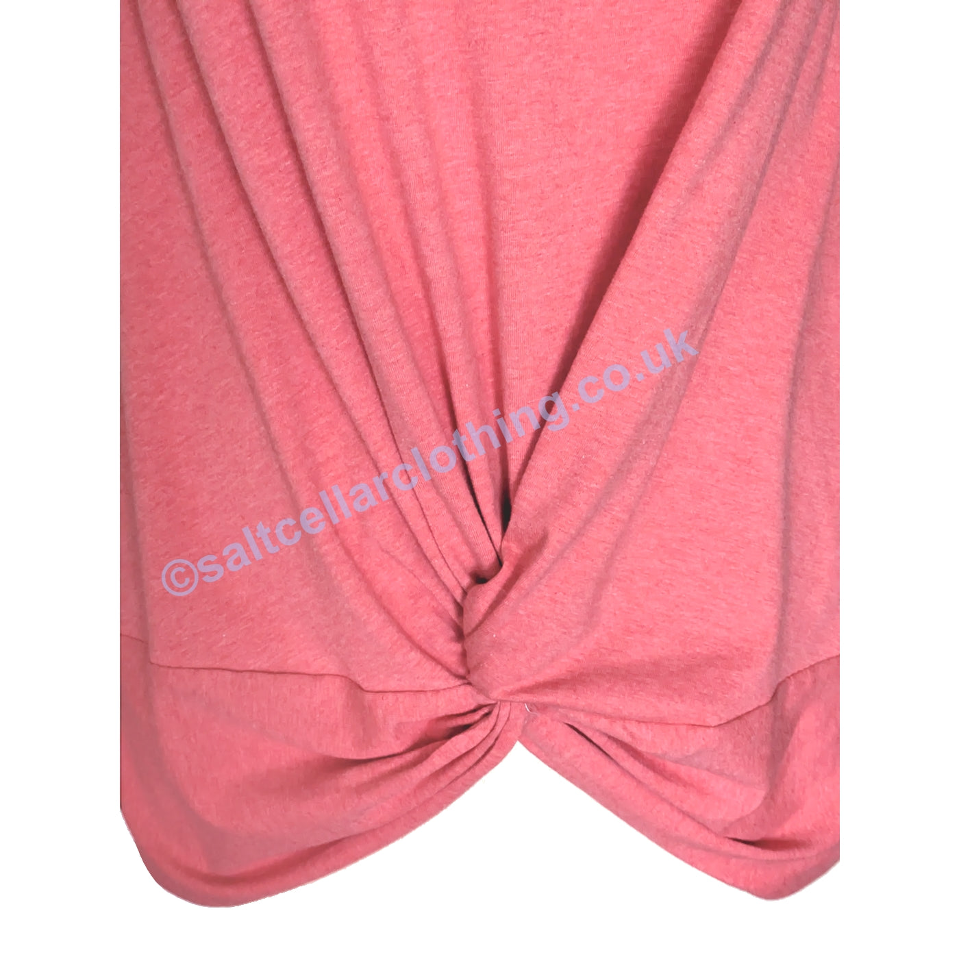 Close-up of a womens Muddd & Water coral marl Petal top with a knot detail on a white background