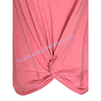 Close-up of a womens Muddd & Water coral marl Petal top with a knot detail on a white background