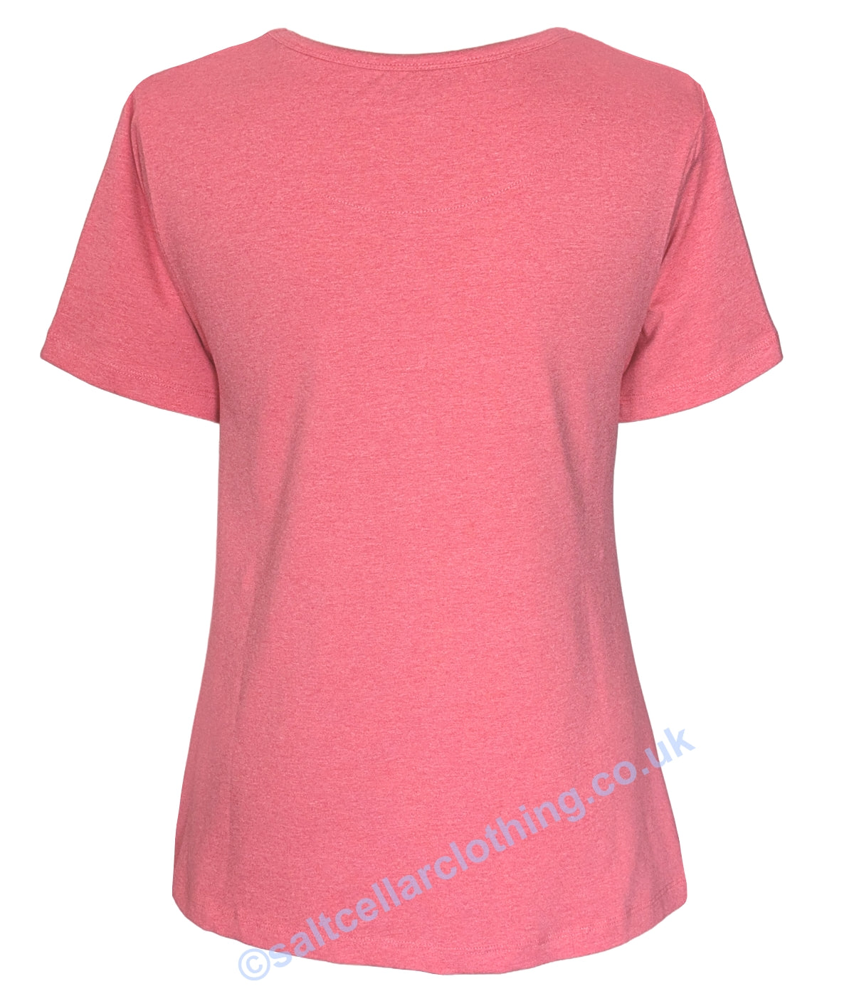 Back view of a womens Mudd & Water coral marl colour short sleeve Petal tee on a white background