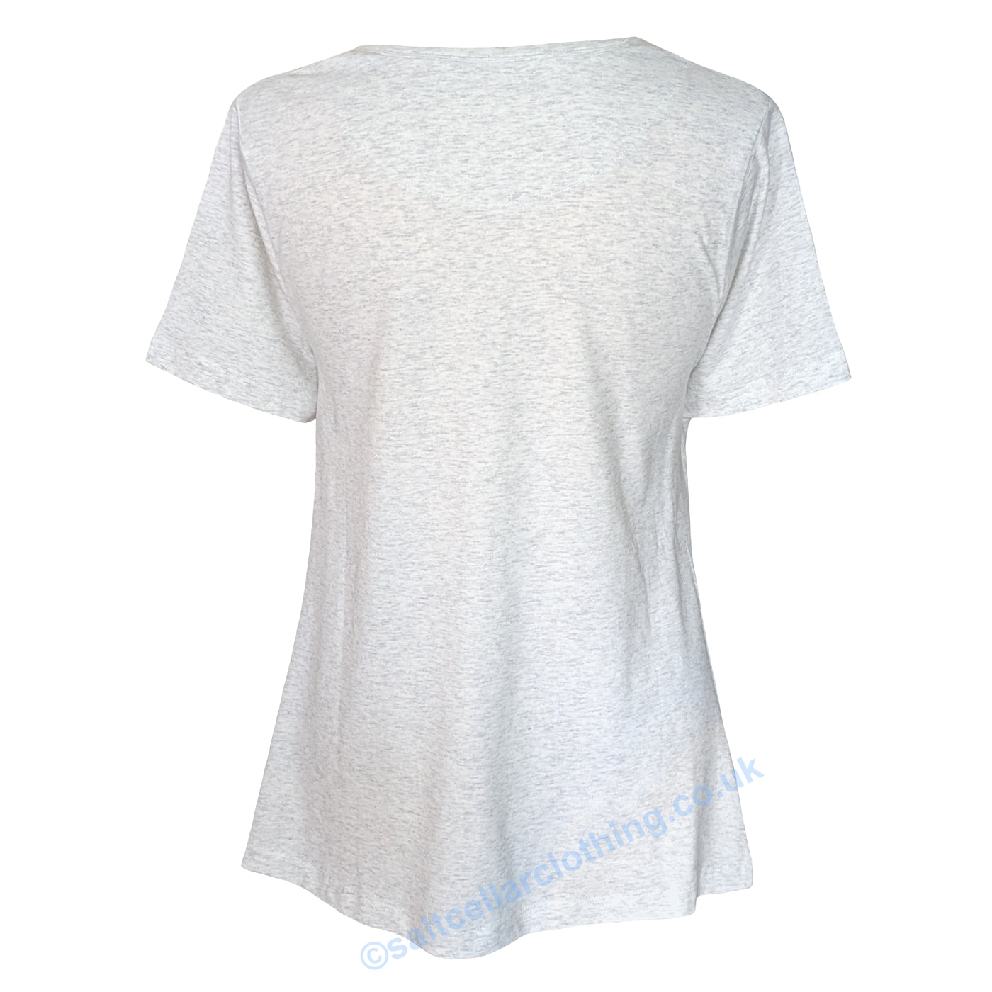 Back view of a womens Mudd & Water short sleeve Petal t-shirt in White Marl on a white background.