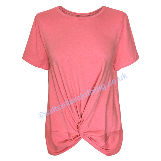 Front view of a womens Mudd & Water short sleeve Petal t-shirt in Coral Marl with a knot detail on a white background