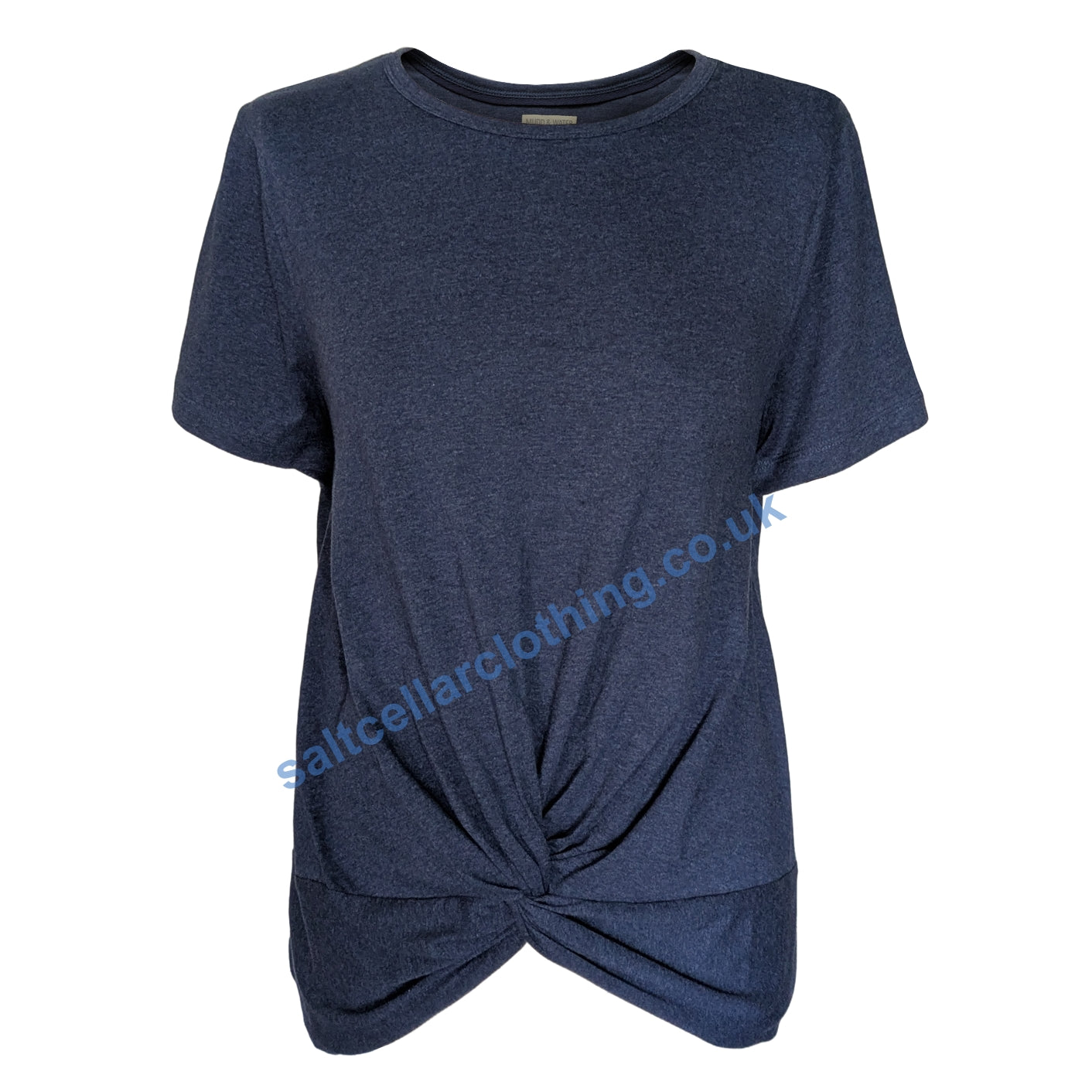 Front view of a womens Mudd & Water short sleeve Petal Tee in Navy Marl with knot detail on a white background