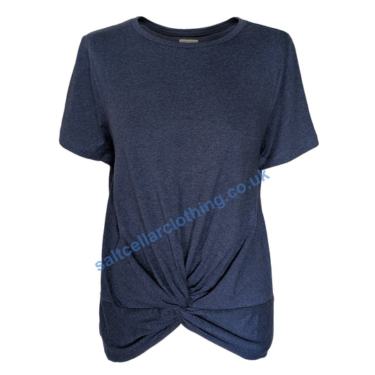 Front view of a womens Mudd & Water short sleeve Petal Tee in Navy Marl with knot detail on a white background