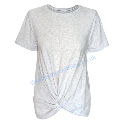 Front view of a womens short sleeve Mudd & Water Petal tee in White marl with a knot detail at the front, on a white background