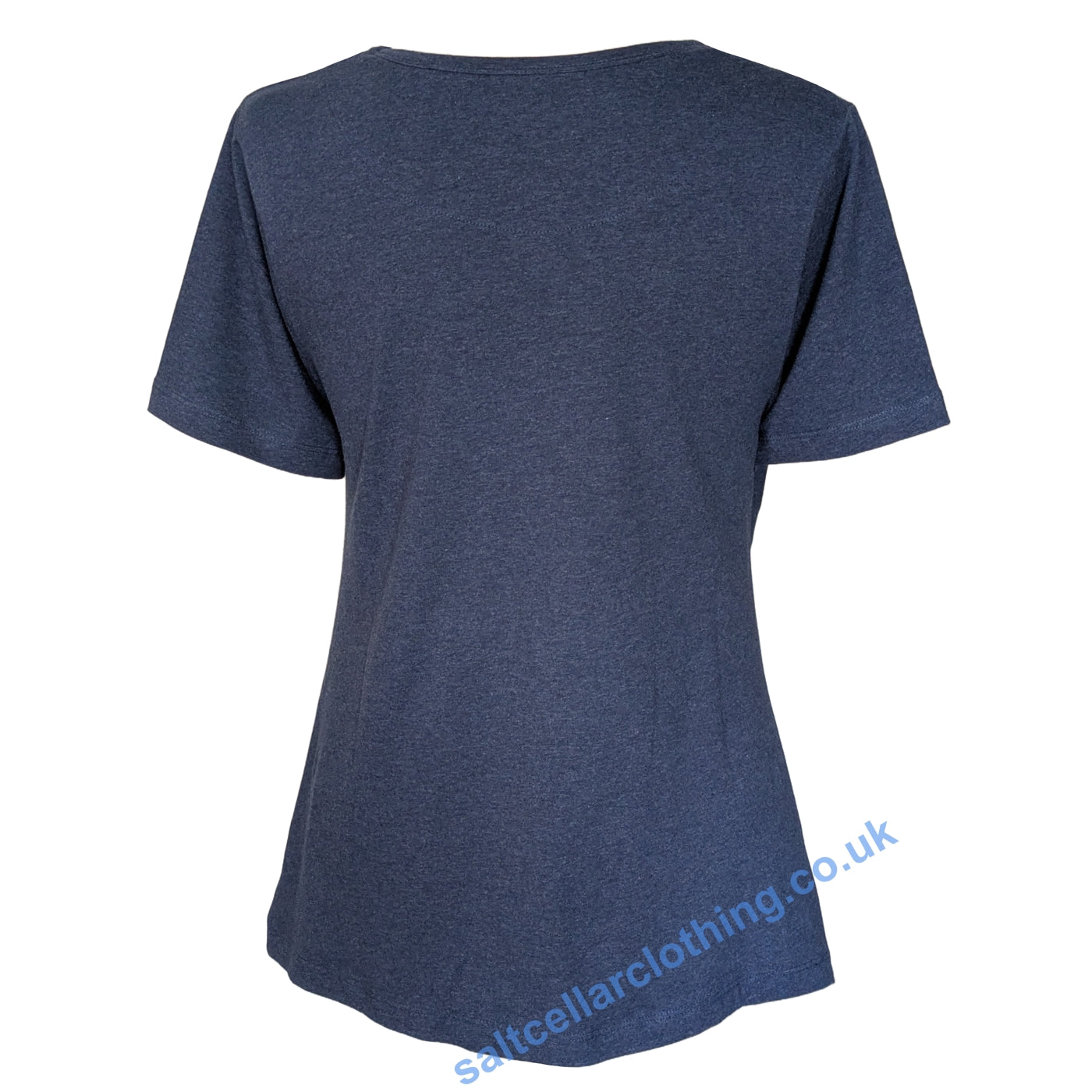 Back view of a womens Mudd & Water short sleeve Petal t-shirt in Navy Marl on a white background.