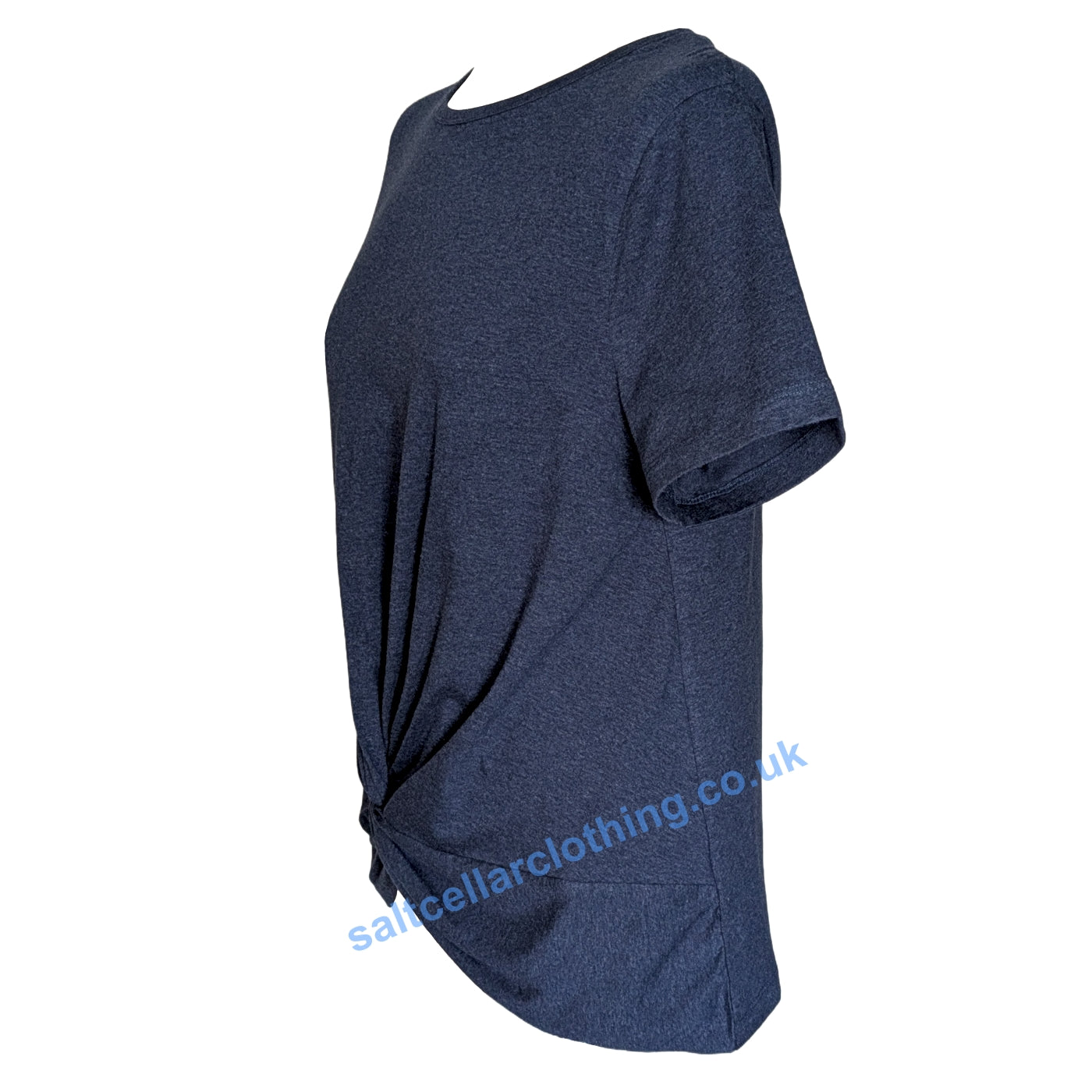 Side view of a Mudd & Water womens Petal Tee in Navy Marl with a knot or twisted front design.