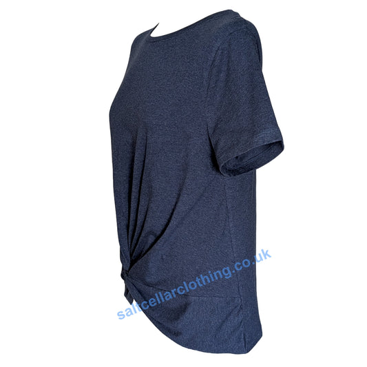 Side view of a Mudd & Water womens Petal Tee in Navy Marl with a knot or twisted front design.