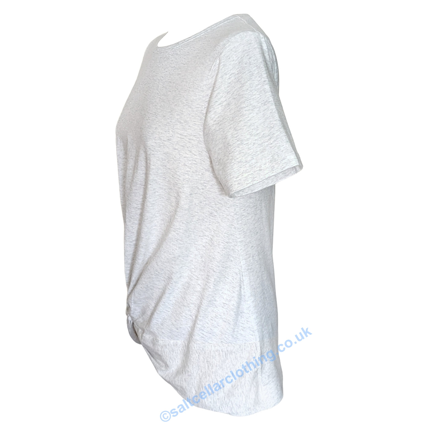 Side view of a Mudd & Water womens Petal short sleeve t0shirt in White Marl, with a twisted fabric front design on a white background