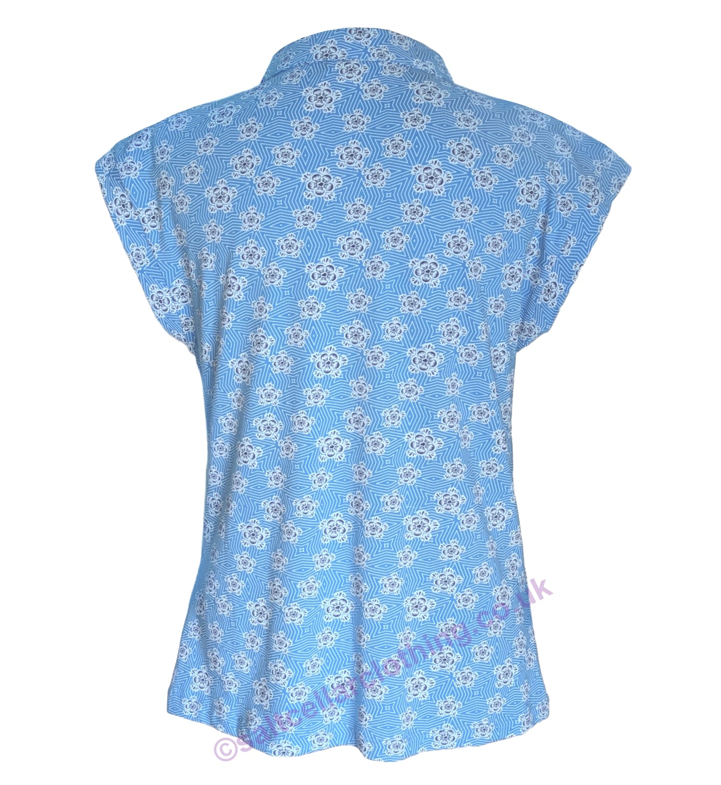 Back view of a Mudd & Water womens cap sleeve Alice Top in Blithe Blue with a geometric floral pattern on a white background