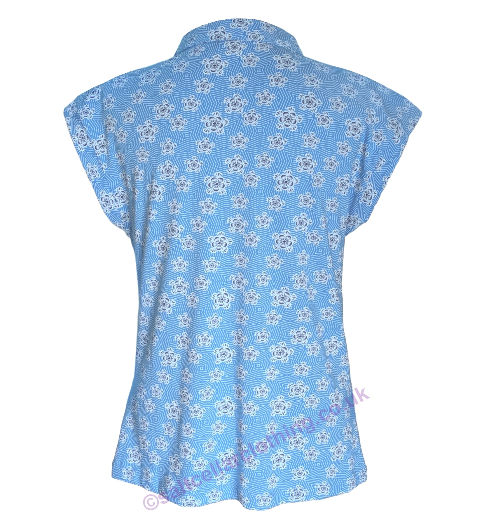 Back view of a Mudd & Water womens cap sleeve Alice Top in Blithe Blue with a geometric floral pattern on a white background