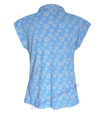 Back view of a Mudd & Water womens cap sleeve Alice Top in Blithe Blue with a geometric floral pattern on a white background