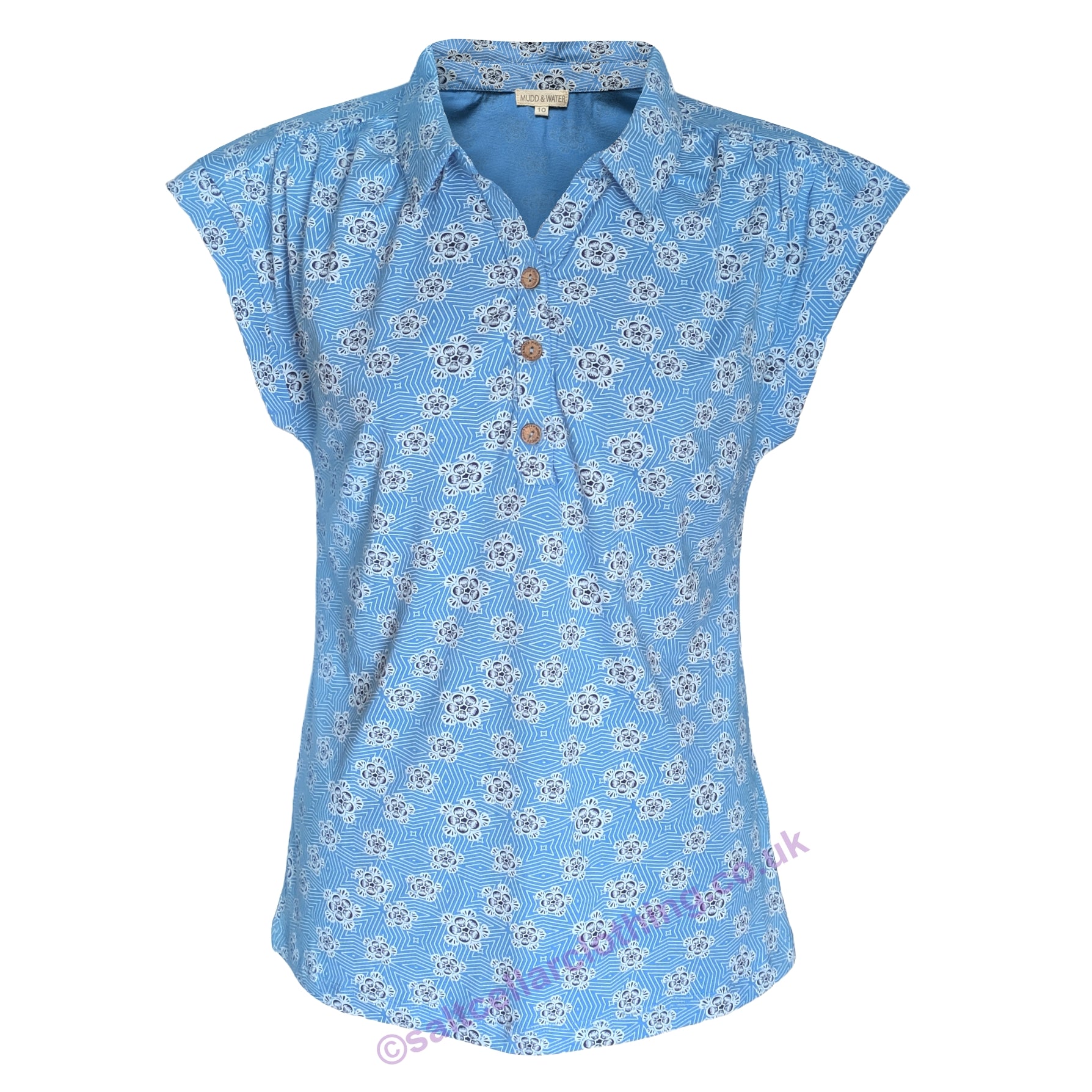 Front view of a Mudd & Water womens collared Blithe Blue geo floral patterned Alice Top blouse on a white background