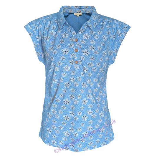 Front view of a Mudd & Water womens collared Blithe Blue geo floral patterned Alice Top blouse on a white background