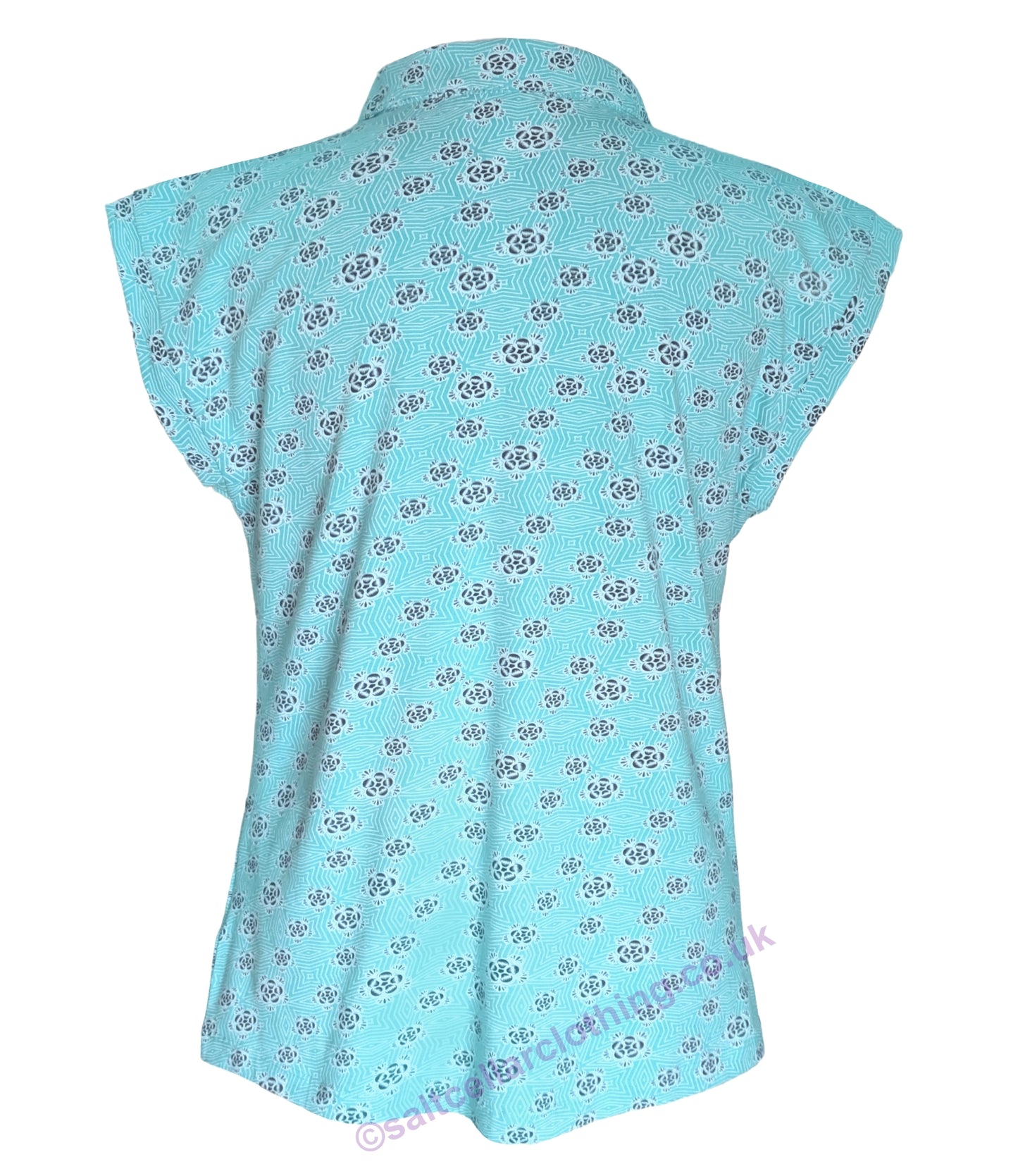 Back view of a Mudd & Water womens short sleeve Alice Top in Ceramic Turquoise with a geo floral pattern on a white background
