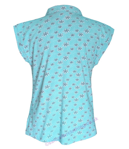Back view of a Mudd & Water womens short sleeve Alice Top in Ceramic Turquoise with a geo floral pattern on a white background