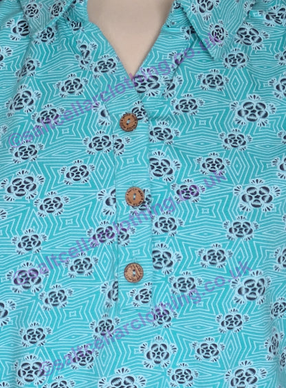 Close-up of a Mudd & Water womens turquoise Alice Top with a geo floral pattern and brown buttons.