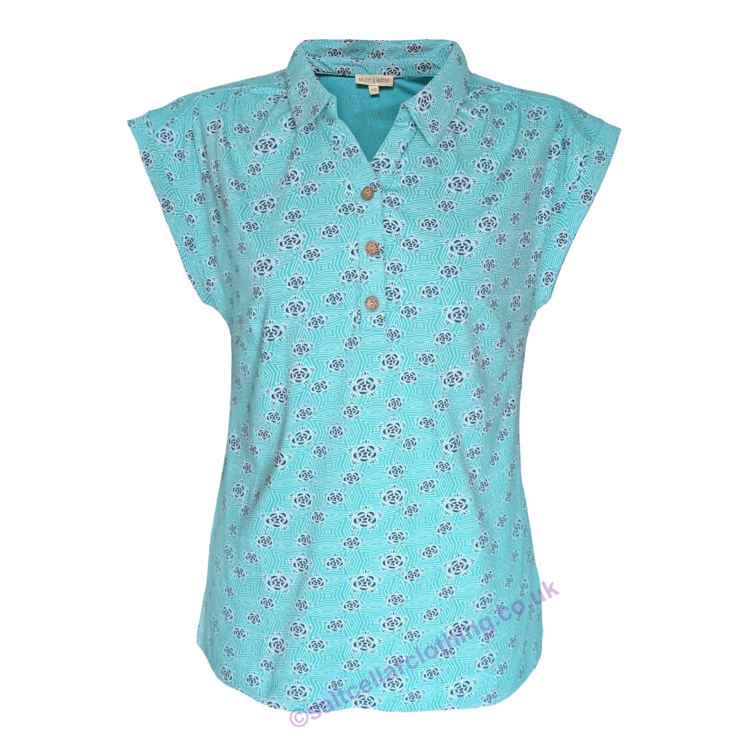 Front view of a womens Mudd & Water sleeveless Alice Top in Ceramic Turquoise with a geo floral pattern on a white background