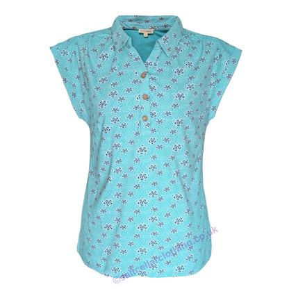 Front view of a womens Mudd & Water sleeveless Alice Top in Ceramic Turquoise with a geo floral pattern on a white background