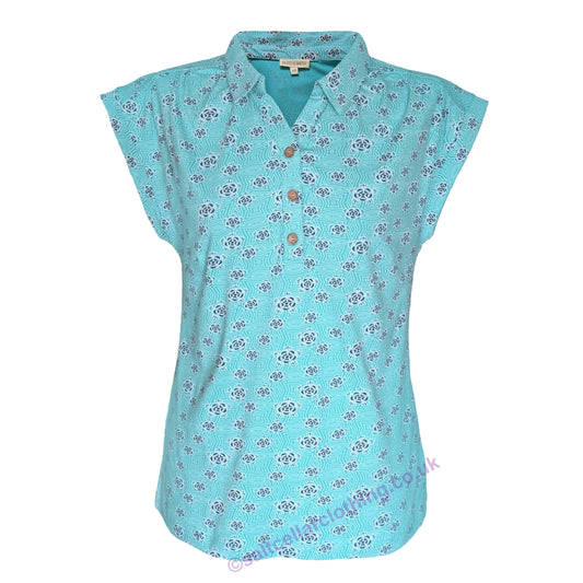 Front view of a womens Mudd & Water sleeveless Alice Top in Ceramic Turquoise with a geo floral pattern on a white background