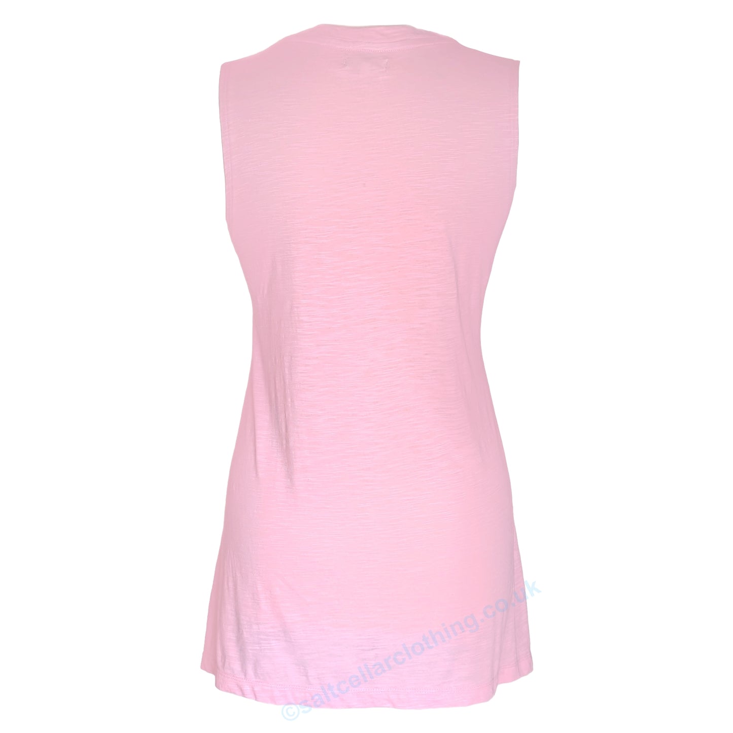 Back view of a womens Mudd & Water sleeveless Rozela Vest in Candy Pink on a white background